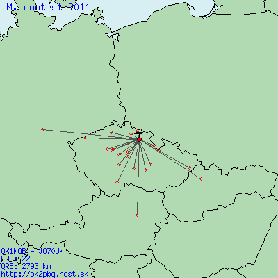 Mikrovlnný závod 2011 v OK1KOB - mapka QSO