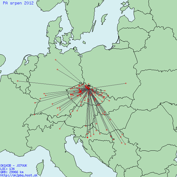 Mapka spojen v PA 08-2012 u OK1KOB